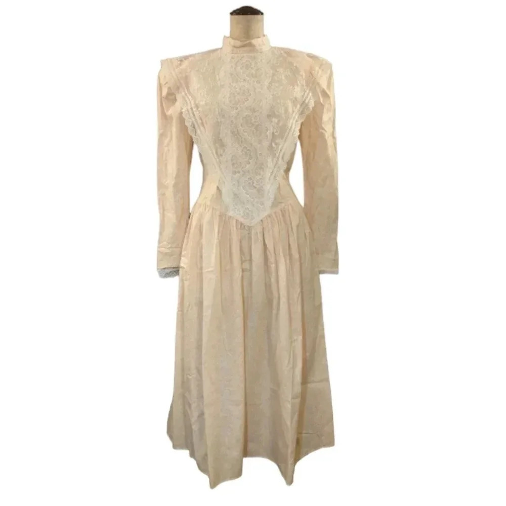 Vintage Gunne Sax Peach Lace Prairie Victorian 70s 80s Cottage Dress Size 9